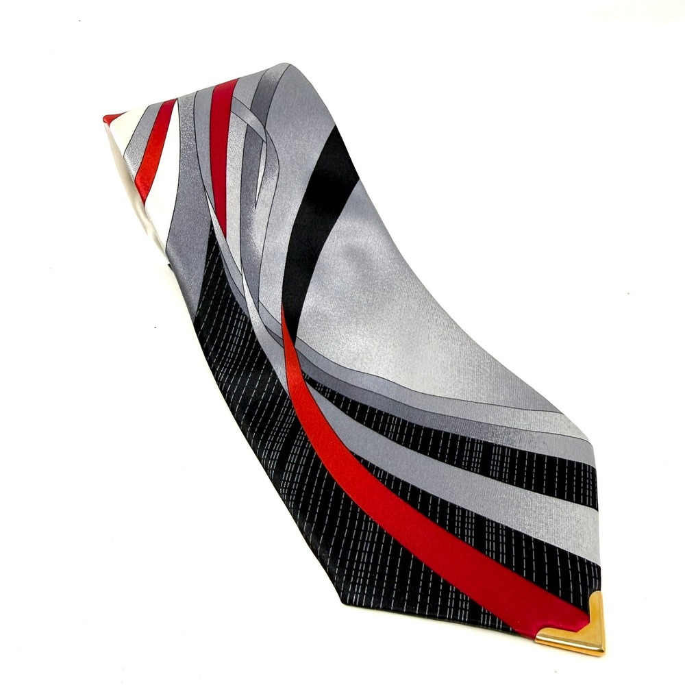 Vitaliano Pancaldi Mens Silk Tie Abstract Geometric Red Black Silver Italy Made
